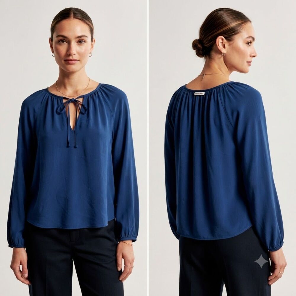 Abercrombie & Fitch Royal Blue V-Neck Tie Peasant Blouse Size S